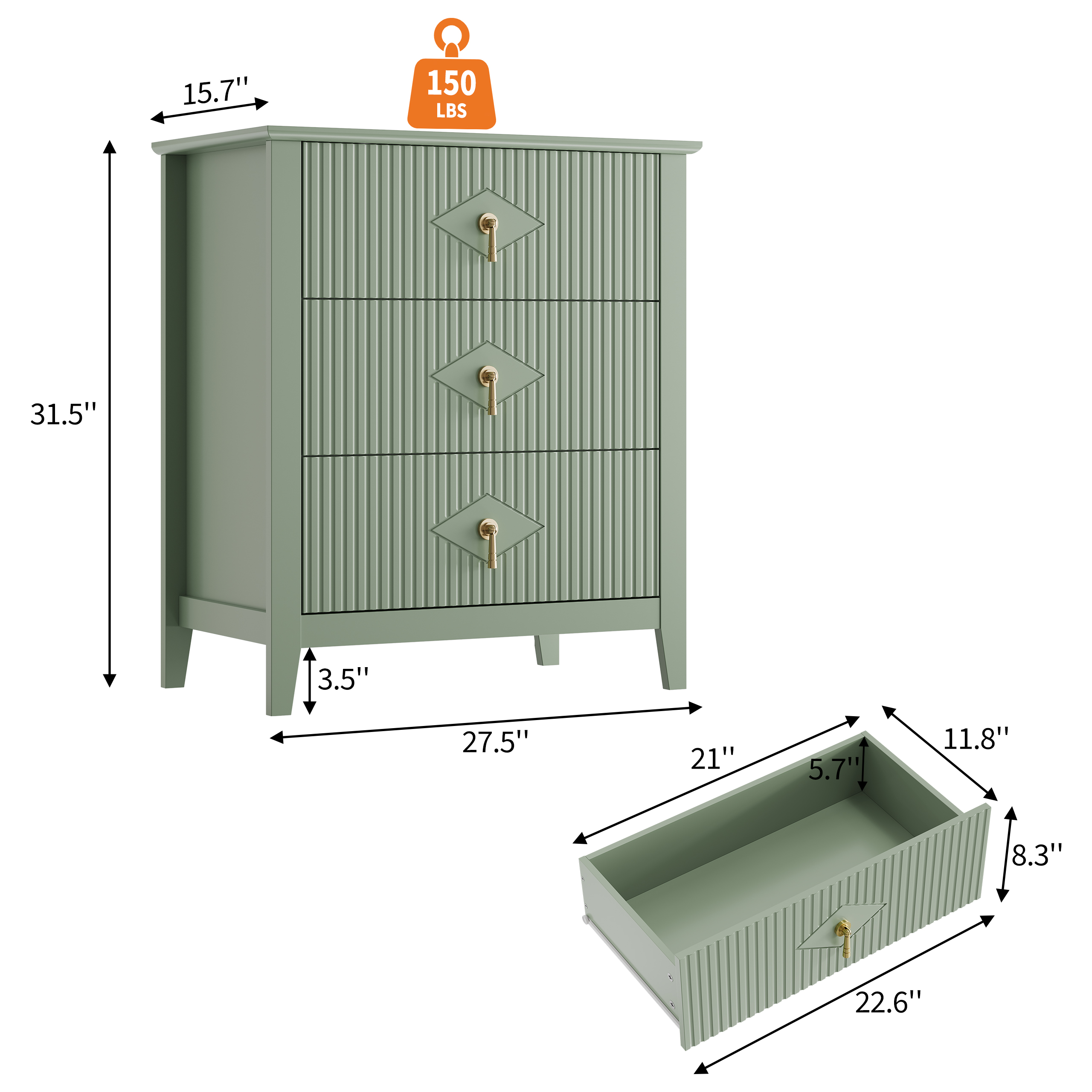 Green Fluted Dresser for Bedroom, 32 Inch Wide Nightstand with Large Drawer, 3 Drawer End Table for Bedroom, Living Rooms, Offices, and Entryways