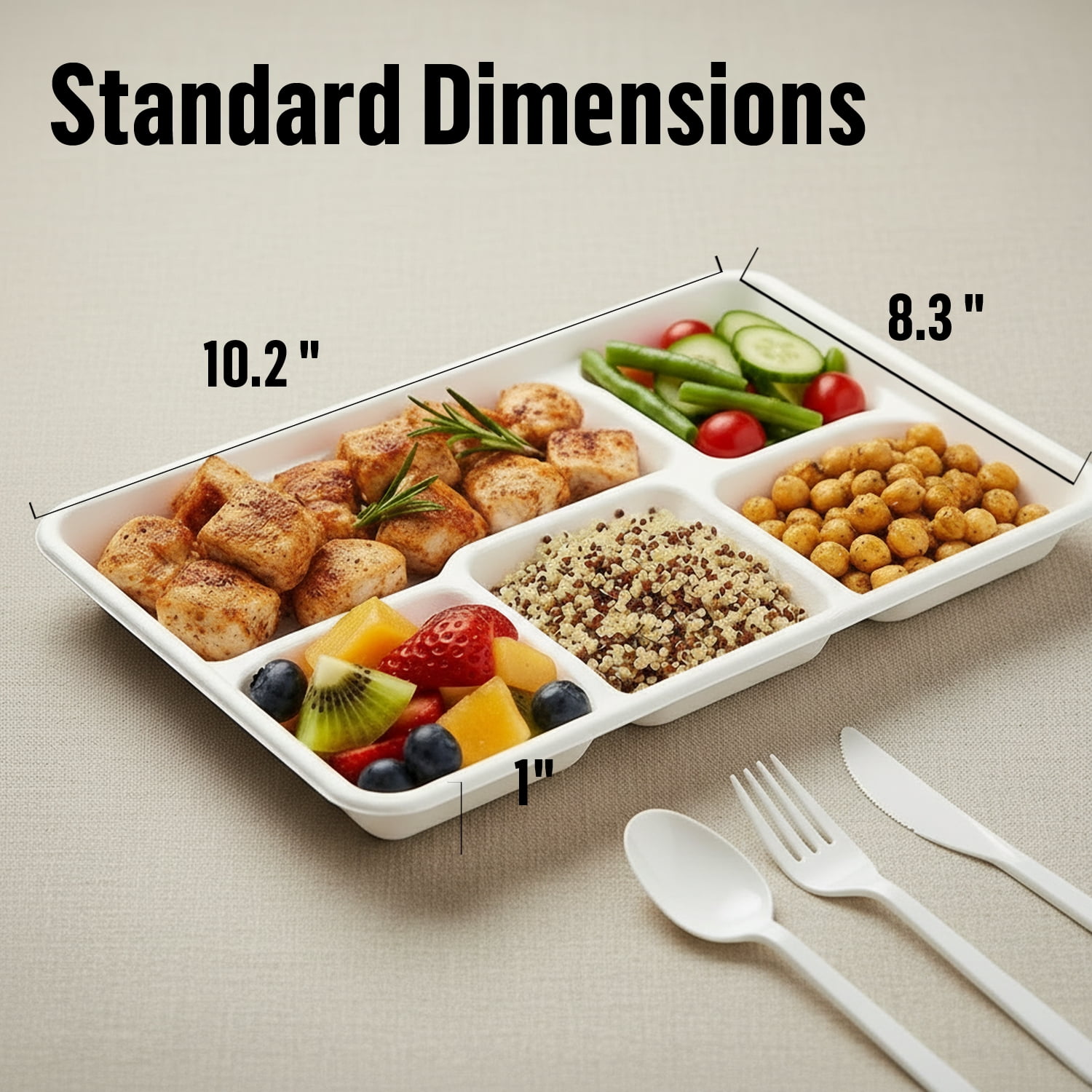 BEIDOU-PAC 5 Compartment, Compostable, Heavy Duty Disposable Paper Plates, 10.3"* 8.3", 150 Count Lunch Tray