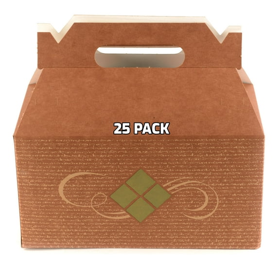 [25 PACK] Brown Treat Gift Boxes - Paper Gable Boxes, Paper Lunch Boxes with Handle, Barn Boxes - Birthday's, Weddings, Baby Shower Favor Box, Restaurant to go Box - 9 x 5 x 6.75 inches