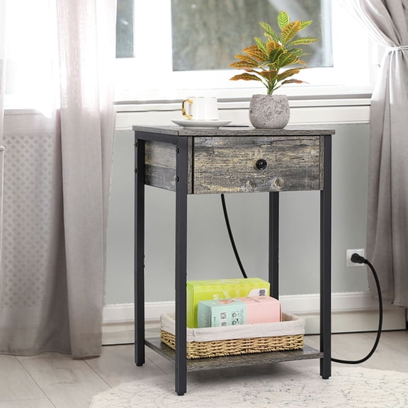 Nightstand with USB Ports and Power Outlets - 1 PCS - Grey, Easy Assembly Wood and Metal End Table