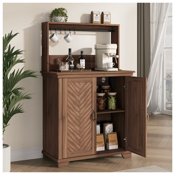JOINICE Farmhouse Coffee Bar Cabinet with Storage and Power Outlet,Small Coffee Station with Adjustable Shelf,for Dining Room,Kitchen, Living Room,Walnut