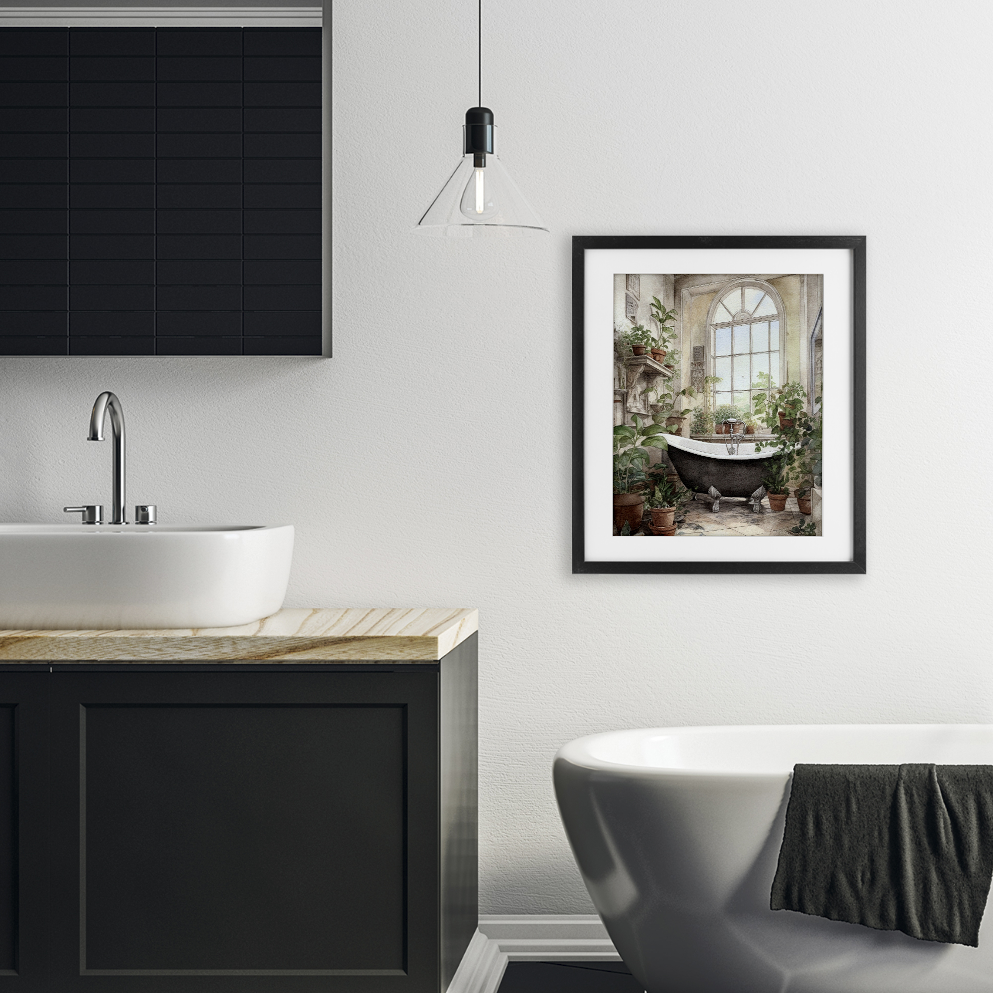Vintage Sun Lit Bathtub Black Framed Print Under Glass, design by Lettered and Lined