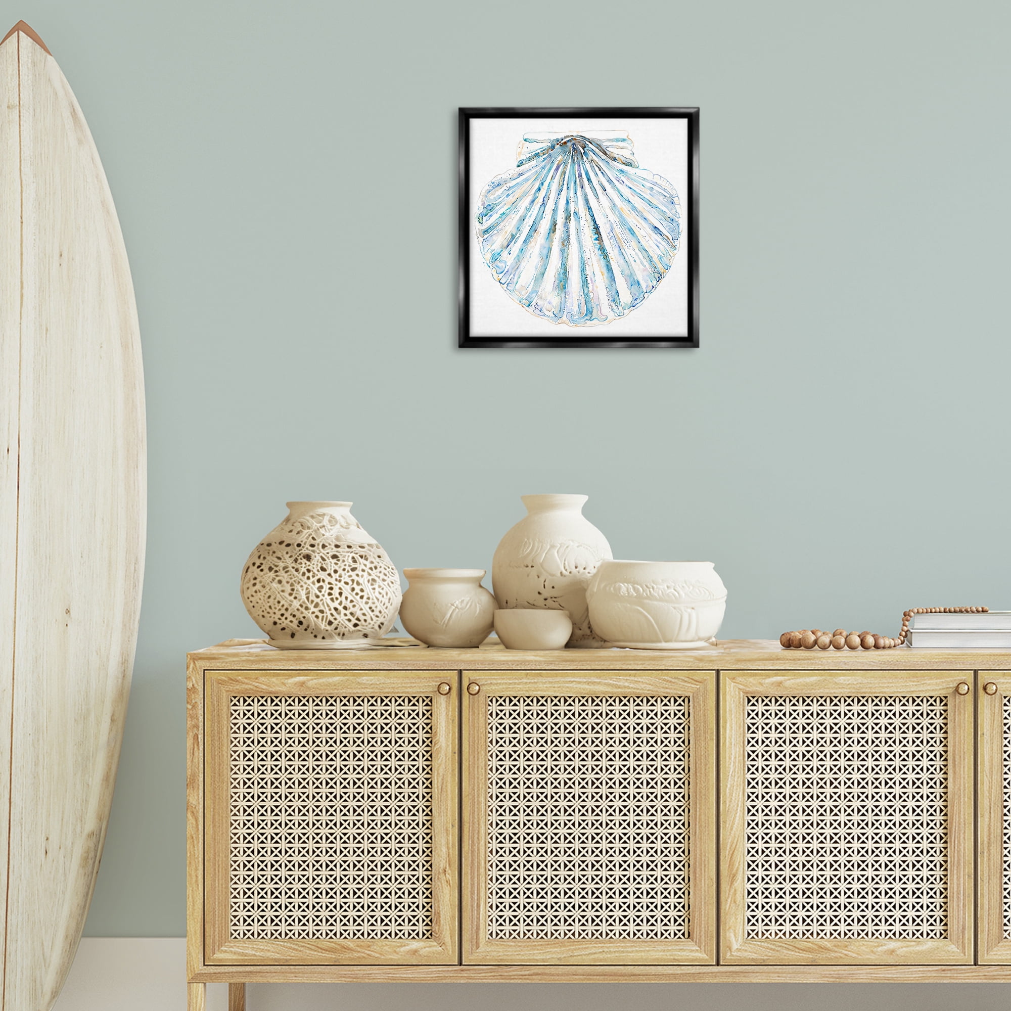 Stupell Industries Clam Shell on White Coastal Painting Black Floater Framed Canvas Art Print Wall Art, 18 x 18
