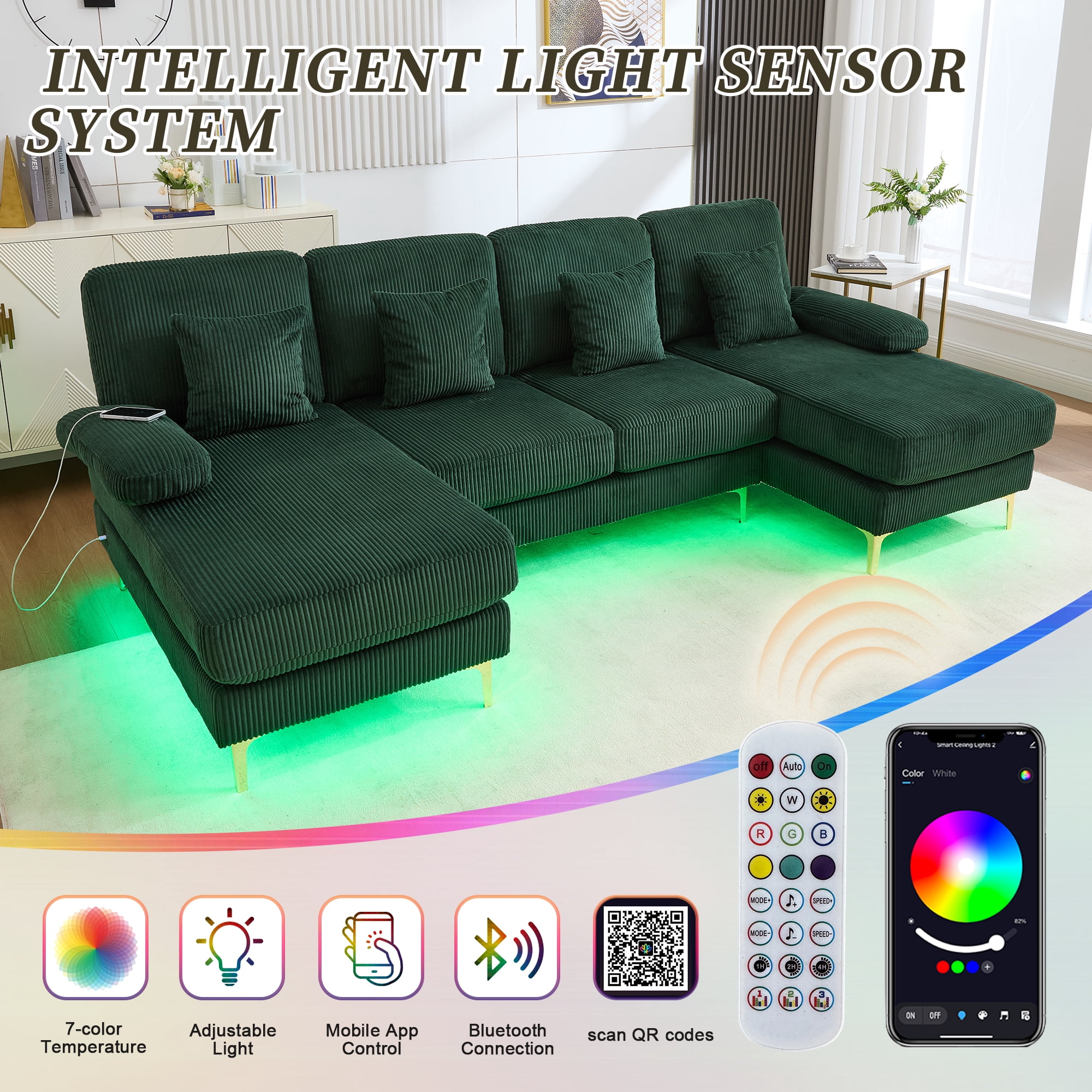 MOONMISS Corduroy Upholstered U-shaped Adjustable Light Modular Sectional Sofa With Type-C and USB ports-Emerald