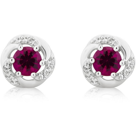 Created Ruby and White Sapphire Gemstone Sterling Silver Six Prong Stud Earring