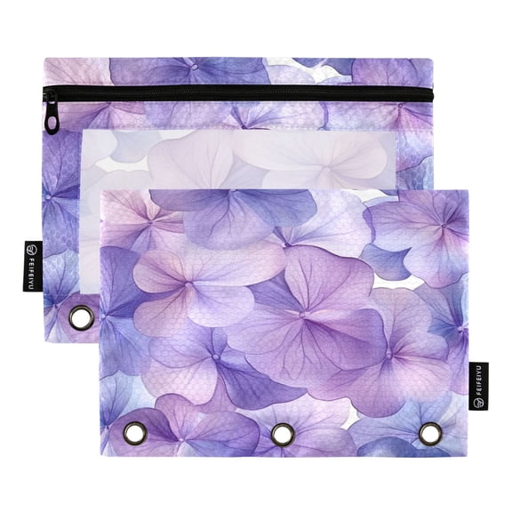 2 Pack Pencil Bag 9.84x6.1 Inch 3-Ring Page Turning Folder Zipper Pencil Case Pencil Bag Page Turning File Bag Purple Hydrangea