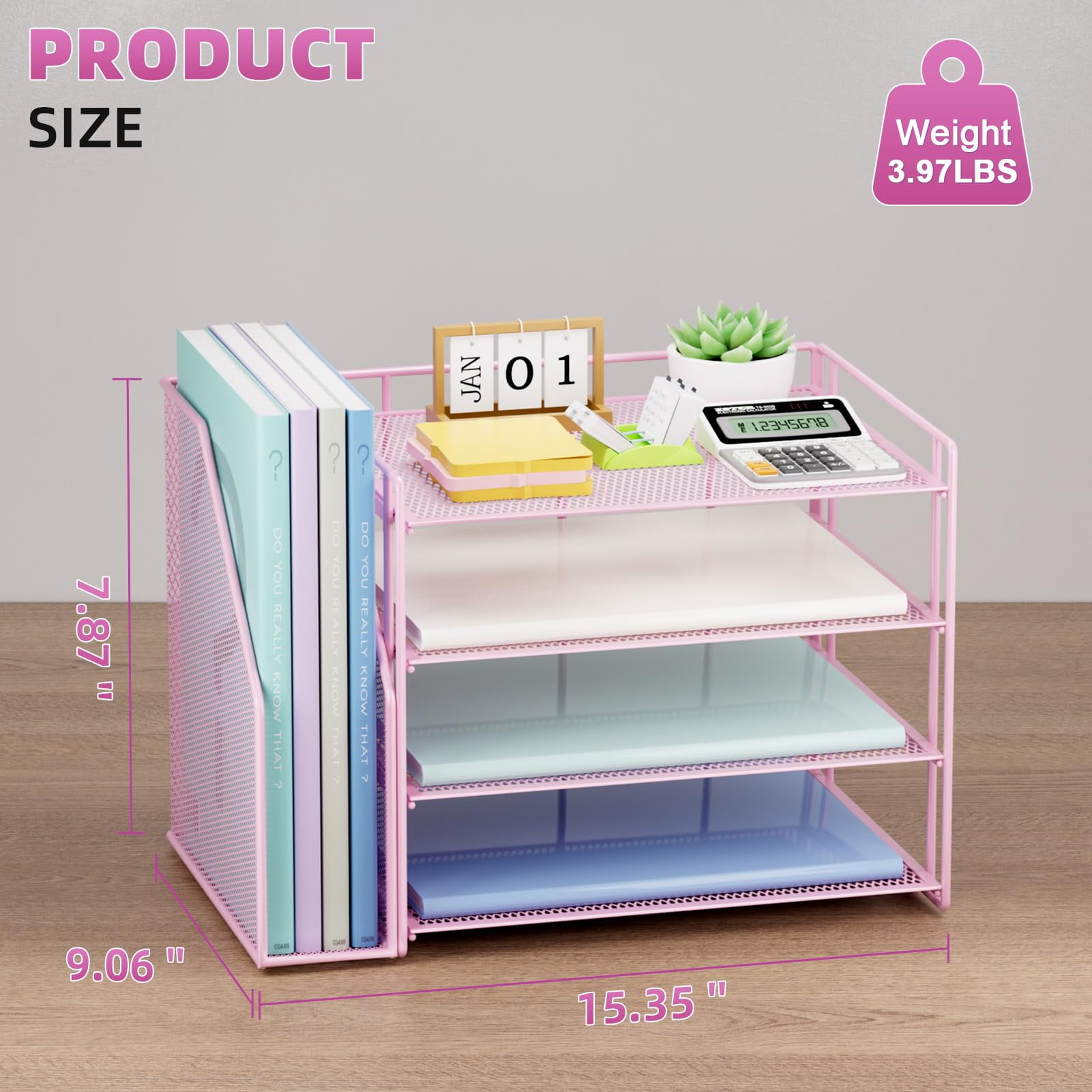 Marbrasse Desk Organizer ，4-Tier Paper Letter Tray Organizer with File Holder， Workspace Desktop Organizers for Home Office Desk Supplies (Pink)