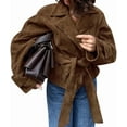 thumbnail image 2 of Women Faux Suede Leather Jacket Vintage Casual Cropped Wrap Coat with Belt Brown M, 2 of 9