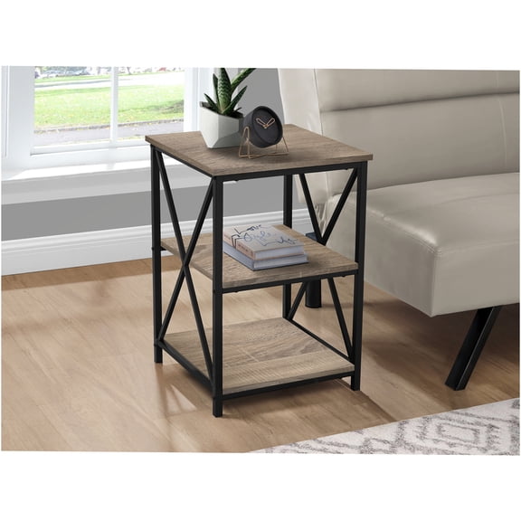 JERFIT 3-Tier Modern End Table with Storage Shelves, Taupe Laminate Finish & Black Metal Base, Small Accent Table for Living Room, Bedroom