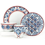 16 Piece Round Dinnerware Sets, Blue and Red Farmhouse Stoneware Dish Sets, Dishwasher Safe Plates and Bowls Sets for 4