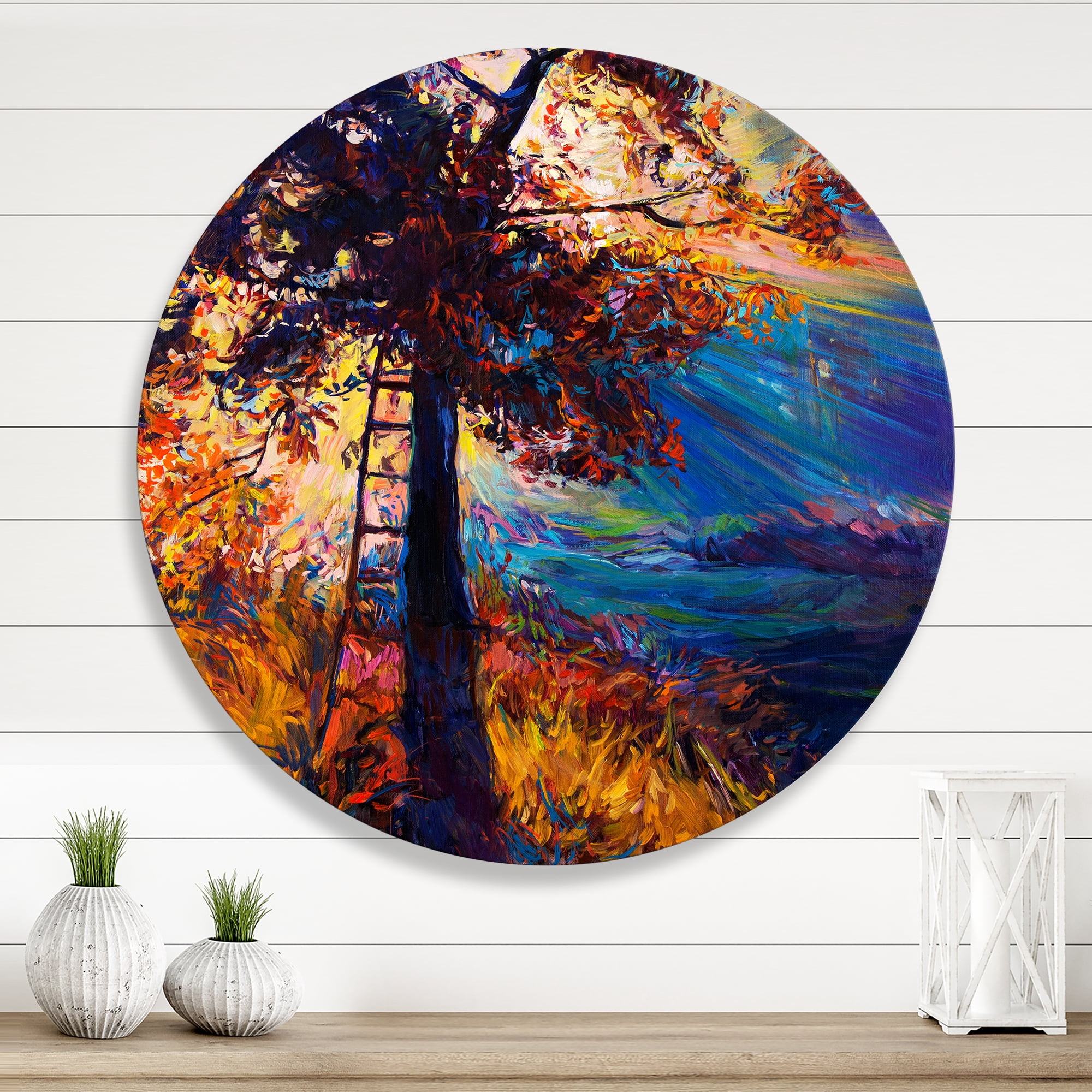 Designart 'Silhouette Of Autumn Tree In The Sunset Glow' Traditional Circle Metal Wall Art 11x11 - Disc of 11