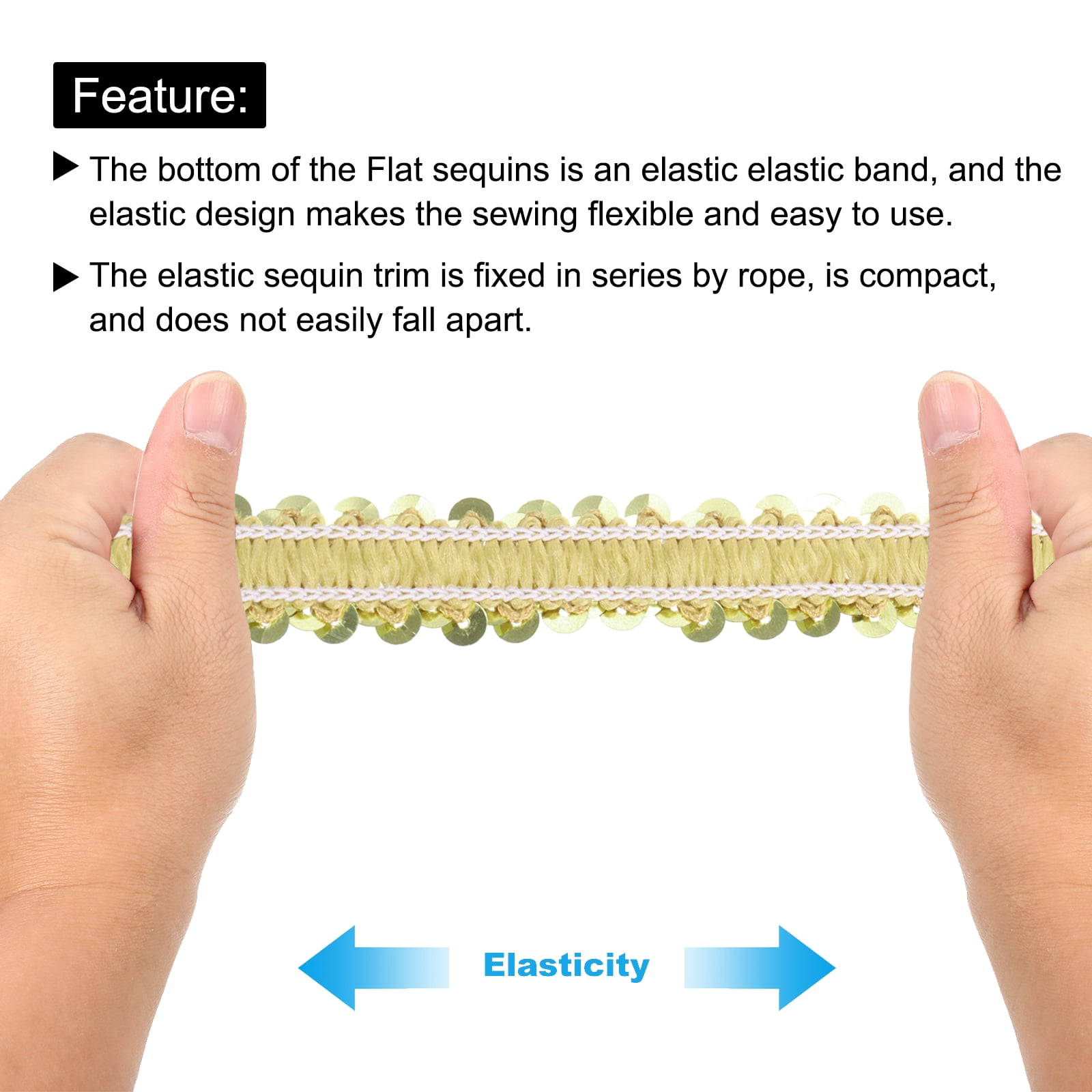 Uxcell 25 Yards 0.8 Inch Elastic Sequins Trim Flat Sequin Strip Paillette Fabric Ribbon for Crafts DIY Fringe Sewing Gold Tone