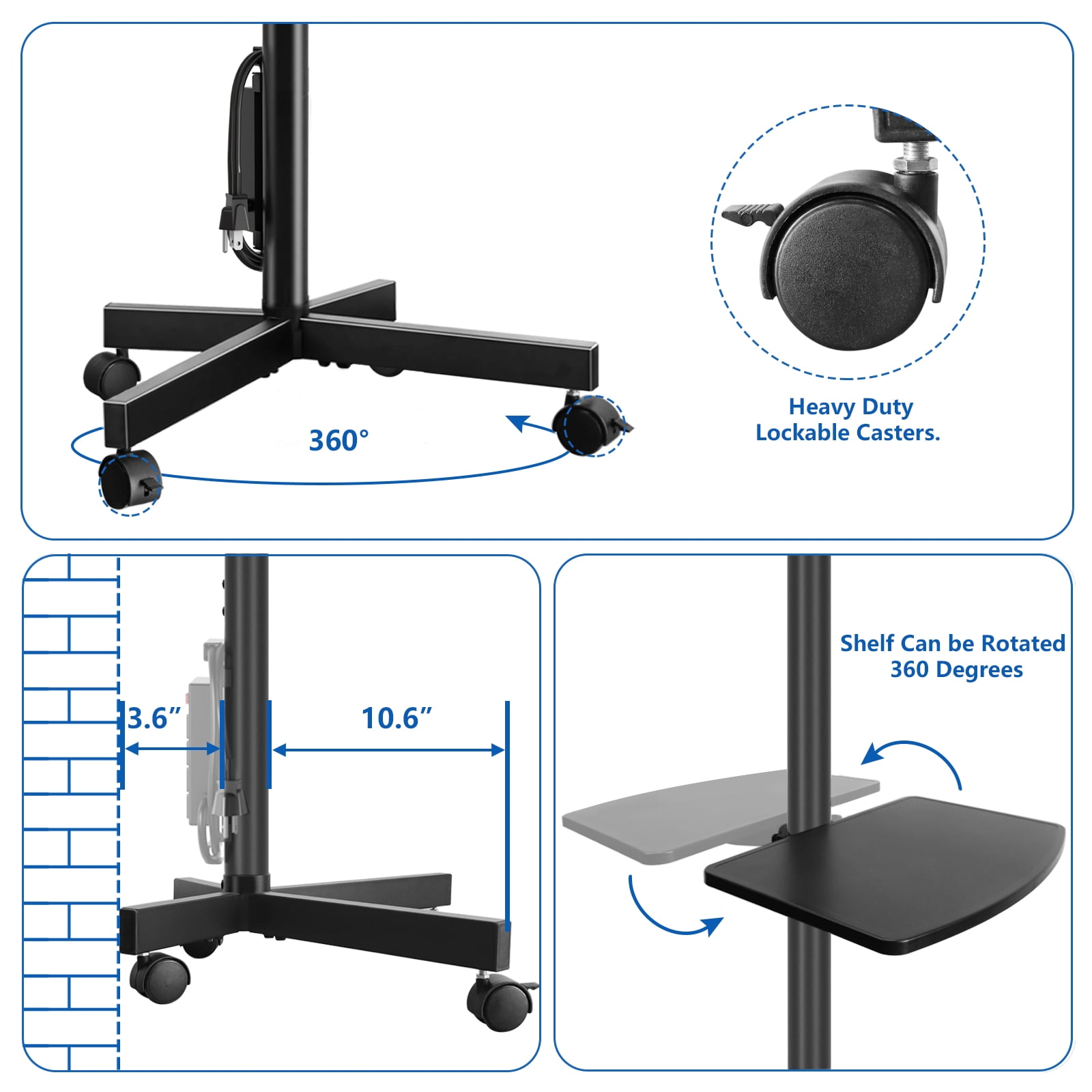 RTVR Rolling Mobile TV Stand Cart for 32 to 65 inch TVs with Power Outlet Adjustable Shelf, Outdoor Black
