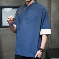 thumbnail image 4 of Camisas Negras Para Hombre Camiseta de manga corta de lino y algodón con cuello Retro para hombre, ropa Tang, placa con hebilla, camiseta informal de lino y algodón transpirable Hanfu para (Blue, L), 4 of 6