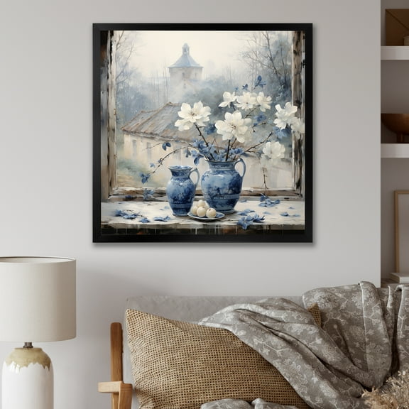 Designart "Antique Floral Window Charm in White and Blue" Farm Framed Wall Art Decor - Country White Farm Windows Living Room Framed Canvas Art