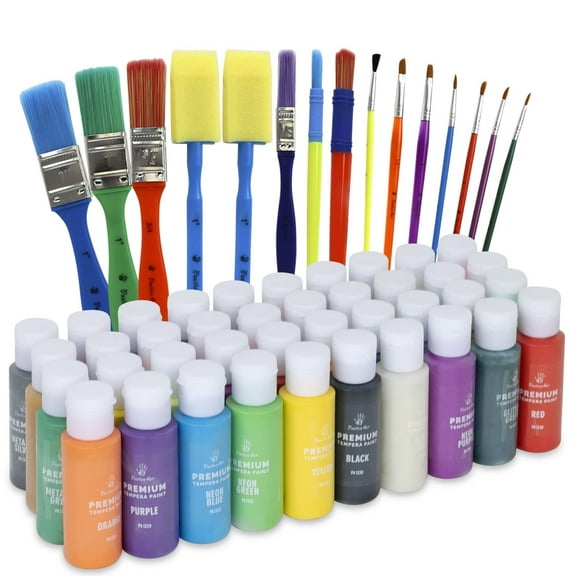 Positive Art Washable Tempera Paint Set with 40 Vibrant Colors (2oz Bottles) & 15 Brushes - Metallic, , Glow-in-the-Dark, Glitter Paint | Non-Toxic Craft Paint for Art, DIY, and Creative Projects