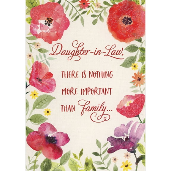 Designer Greetings There is Nothing More Important Than Family: Sparkling Red and Purple Flowers Mother's Day Card for Daughter-in-Law