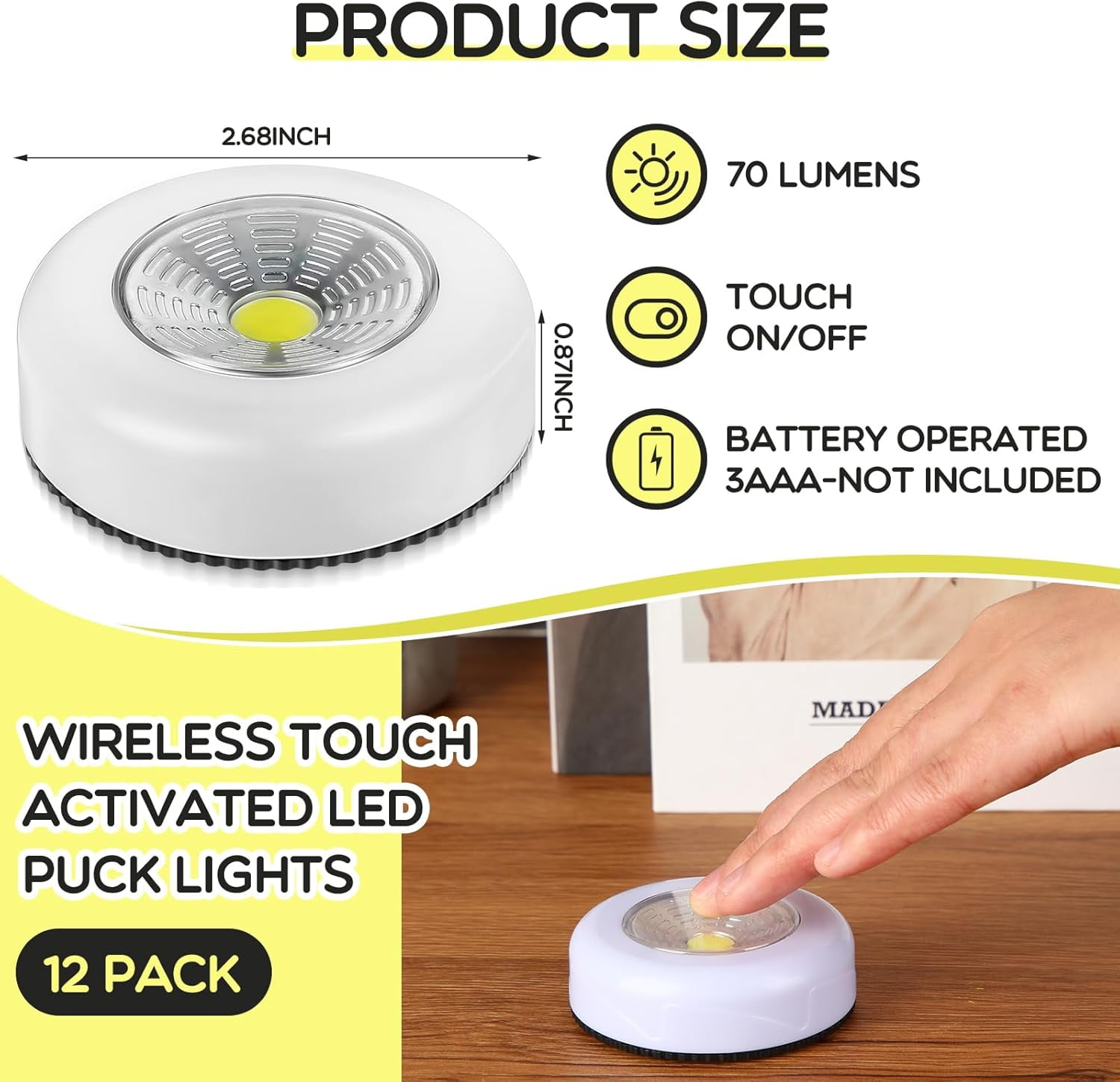 JJEAN-12 Pack Wireless LED Puck Lights, Under Cabinet Lighting, 70 Lumens Portable Touch Light, Stick on Battery Powered, for Kitchen Closets Cabinets Garage Bedroom Shelf(Classic Style)