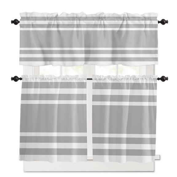 Gray Geometric Kitchen Curtains Valances and Tiers Set of 3, 24 Inch Length Tier Curtains and Valance Rod Pocket Valance Curtains Set for Kitchen Bathroom Small Windows