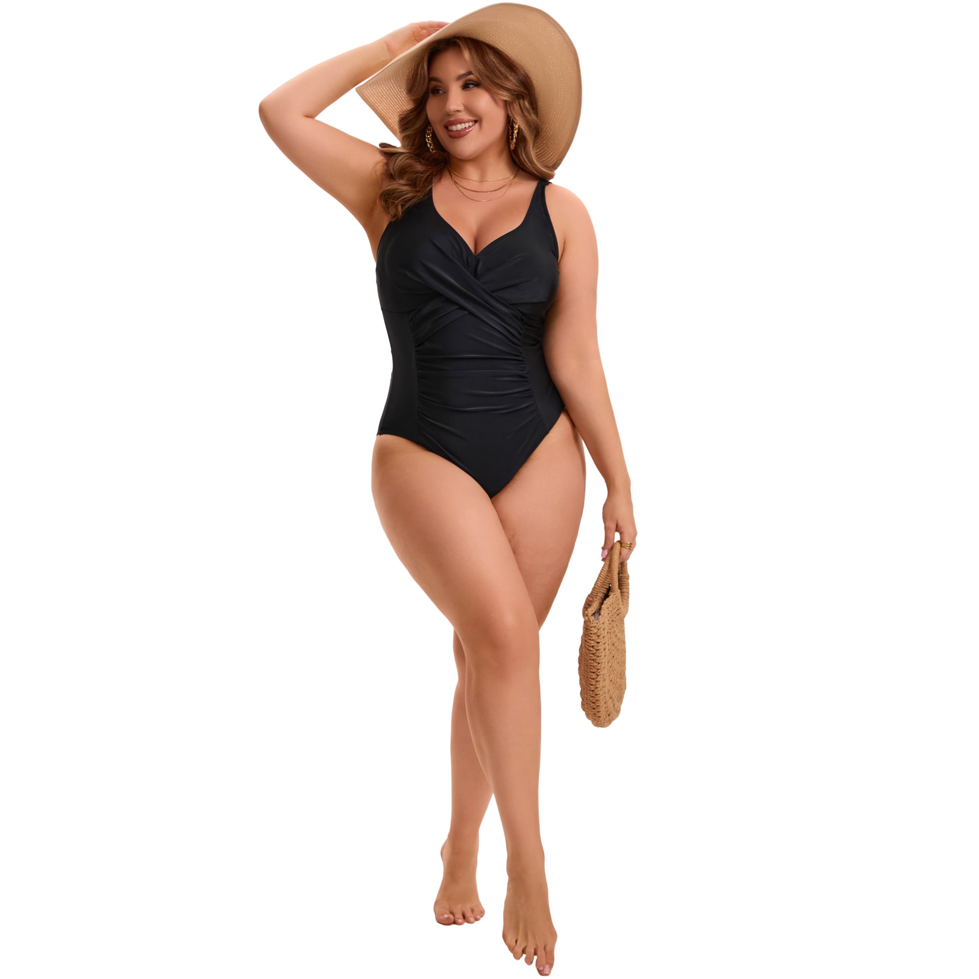 DARING DIVA Women's Plus 1 Pc Bathing Suit with Tummy Control and V-Neck 4X Black