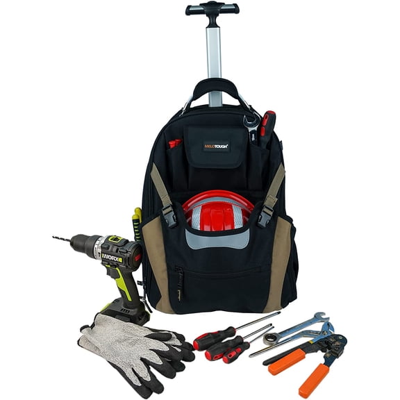 MELOTOUGH Wheeled Rolling Tool Backpack – Heavy-Duty Tool Bag with Wheels, 26-Pocket Organizer for Electricians, Carpenters, HVAC & Welders (Khaki)