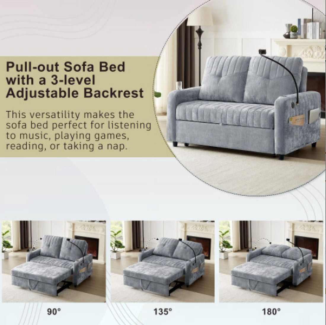 Euroco 53.9" Modern Loveseat Pull-out Sofa Bed with Adjustable Backrest, Two Cup Holders , a Phone Holder, Three Charging Ports and Side Storage Pockets for Living Room