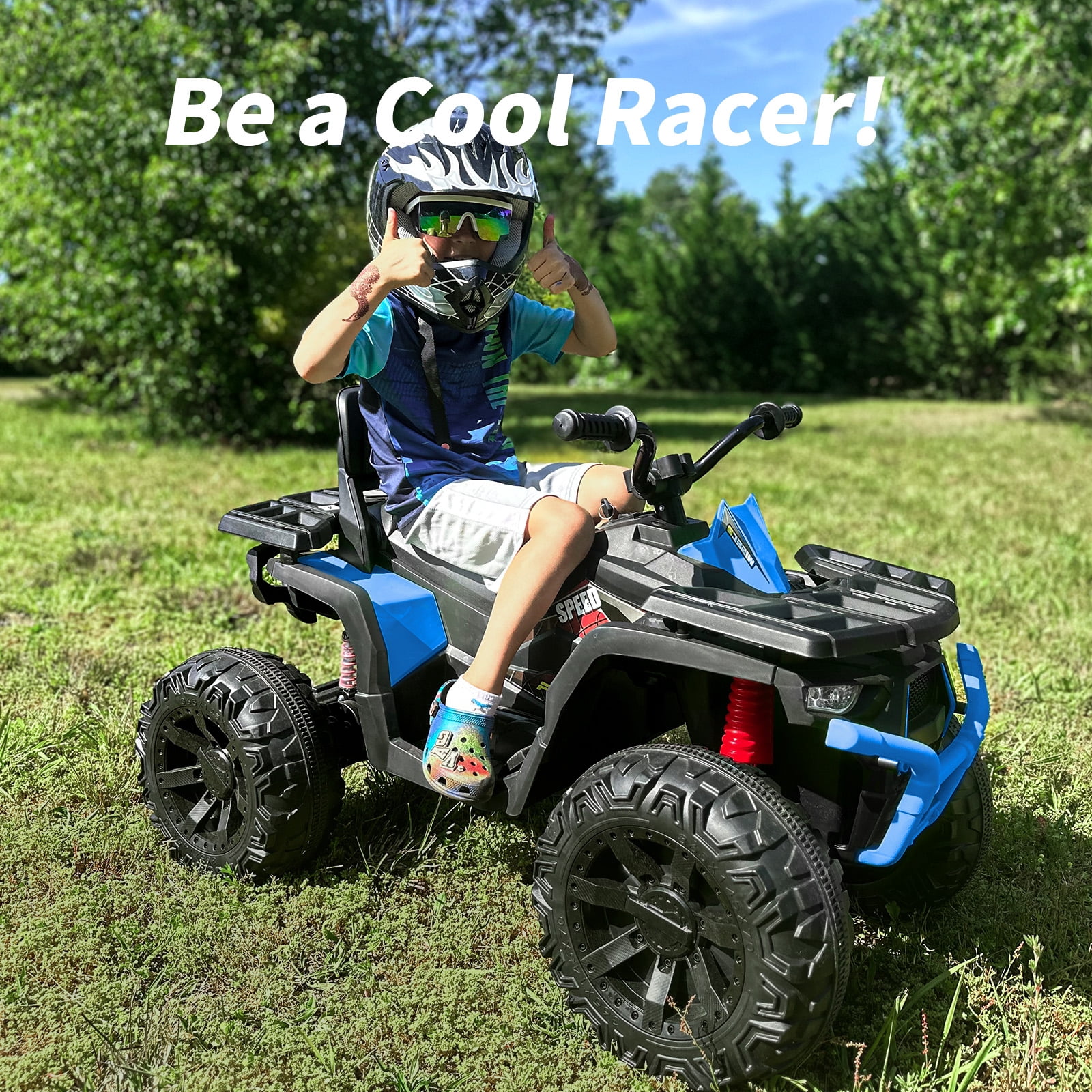 Hikiddo 24V Kids ATV 4 Wheeler, 2-Seater Powered Ride on ATV Toy for Big Kids w/ Bluetooth, 400W Motor - Blue