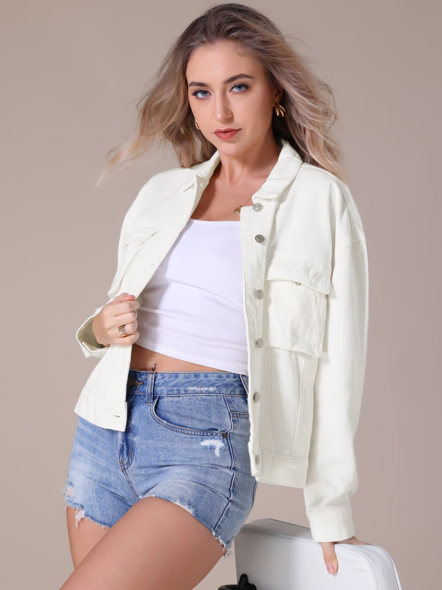 Unique Bargains Women's Button Down Cargo Pockets Denim Western Outfits S White