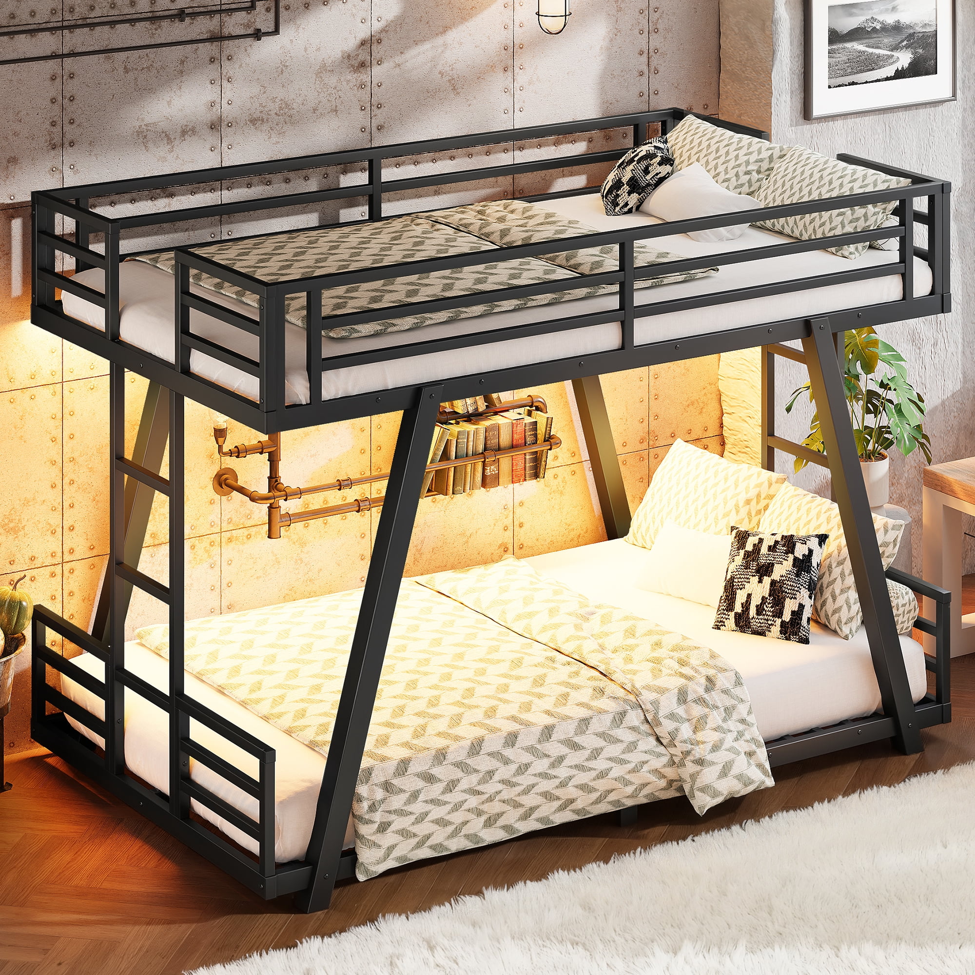 Leumius Twin XL over Twin XL Bunk Bed Frame with 2 Side Ladders, Metal Bunk Bed with Spdcial Support Leg Design and LED Light, Low Profile Bunk Bed for Teens Adults Black