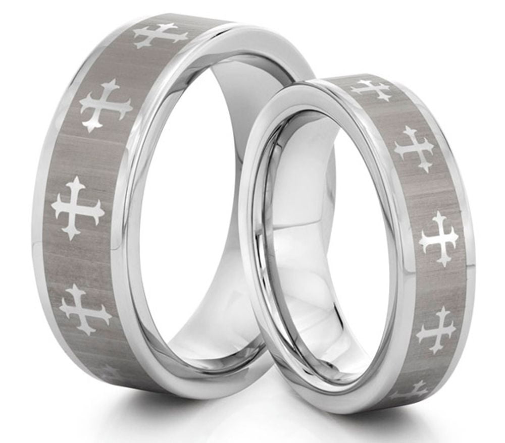 TungstenMasters 8MM/6MM Tungsten Mens/Womens Celtic Cross Wedding Band Ring 