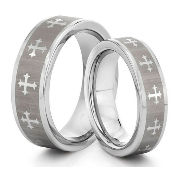 TungstenMasters Roberto Ferrini HIS & HERS 8MM/6MM Tungsten Carbide Brushed & Polished Celtic Cross Laser Engraved Comfort Fit Wedding Band TWO RING SET (Available Sizes 4 - 14 Including Half Sizes)