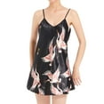 thumbnail image 3 of Defitshape Women's Satin Robe Set with Chemise Nightgown 2 Piece Pajama Set Sexy Sleepwear Cami Sleep Dress Crane Printed Nightwear V Neck Short Sleeve Mini Black Large, 3 of 5