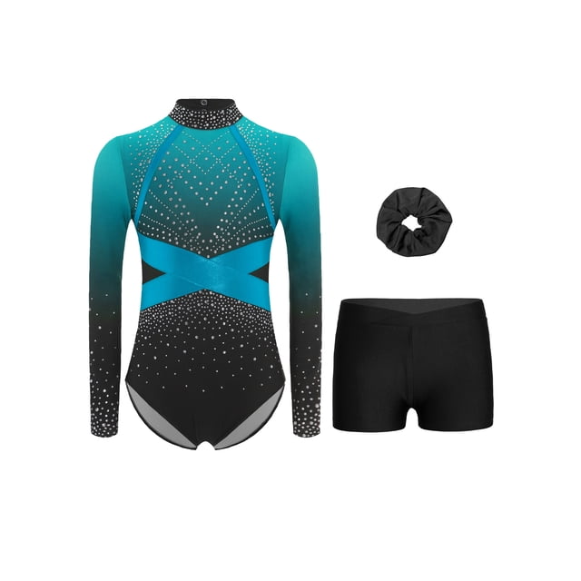 TSSOE Kids Girls Rhinestone Long Sleeve Gymnastics Unitard Figure Skating Bodysuit with Shorts Hairband Set Activewear Light Blue 10