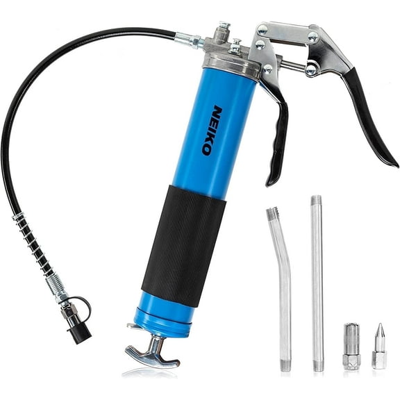 Neiko 12011A Grease Gun, Heavy Duty Pistol Grip Greaser, 6000 PSI, Grease Gun Hose 18 inch, Grease Gun with Zerk Fitting, 6” Straight Extension & 5.5” Bend Ext, Grease Not Included.