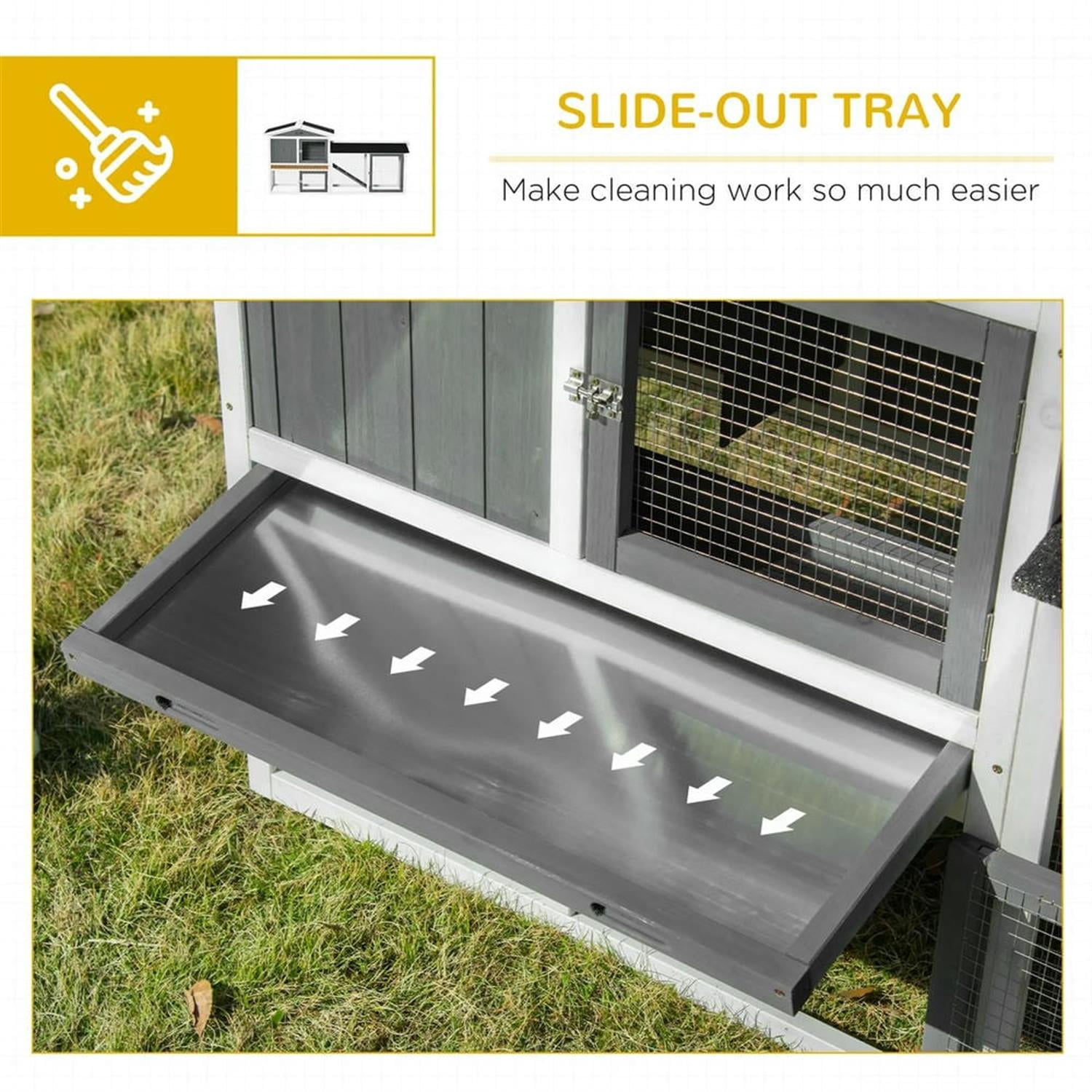 Kadyn 69" 2-tier Wooden Rabbit Hutch with Slide-out Tray, Outdoor Small Animal Habitat Chicken Coop Bunny Cage for Bunnies, Guinea Pigs, Gray