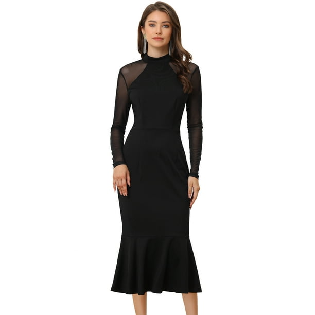 Vestido con Fishtail Dobladillo con Mangas Largas Vestido Elegante para Mujer Negro XL