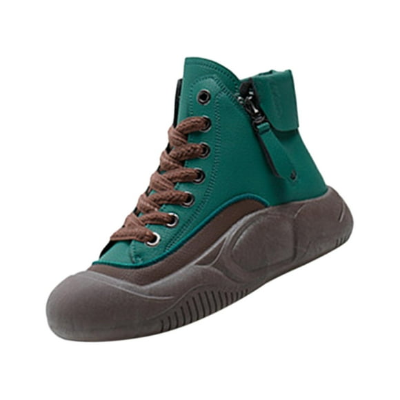 Yinanstore High Top Sneakers for Women Boots Round Toe Lightweight Flats Shoes Lace up Shoes Platform Sneakers for Running Autumn Winter 36 Green