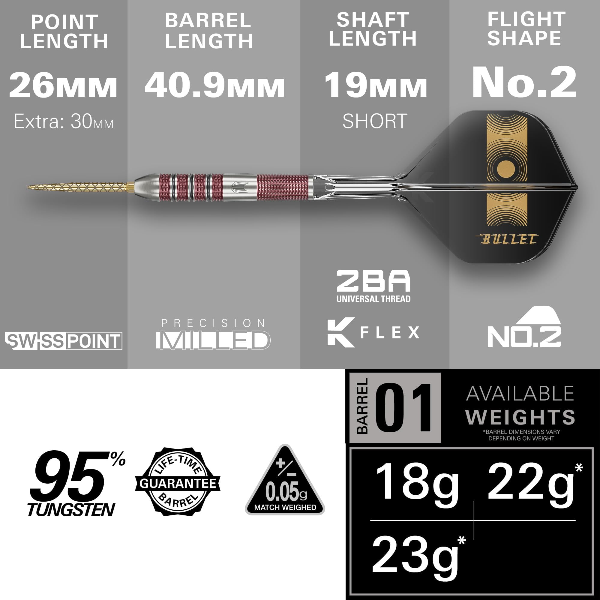Target Darts Stephen Bunting 95K Swiss Point Steel Tip Dart Set, 18G | Kflex Flights & Shafts, The Bullet Player Edition 95% Tungsten Darts, Spare Gold DX Points & Premium Keyring SP Tool