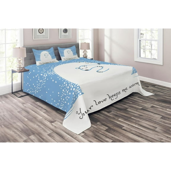Ambesonne Winter Quilted Coverlet 3 Pcs, Polar Bear Mother, Queen Size, White Blue
