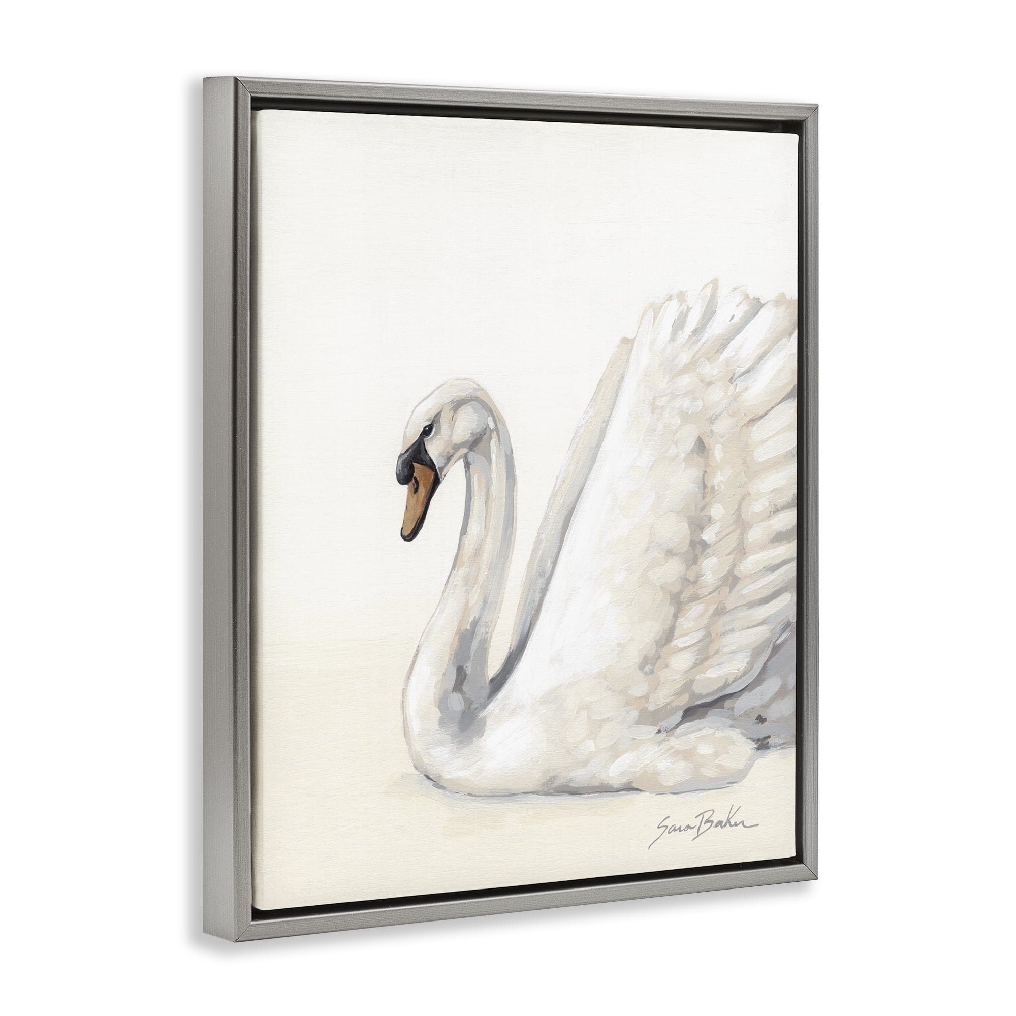 Stupell Industries White Swan in Repose Gray Framed Floater Canvas Wall Art, design by Sara Baker