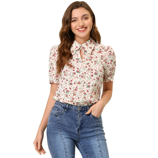 Unique Bargains Blouse pour Femmes Col Rabattu Fendu Manches Bouffantes Chemise en Chiffon