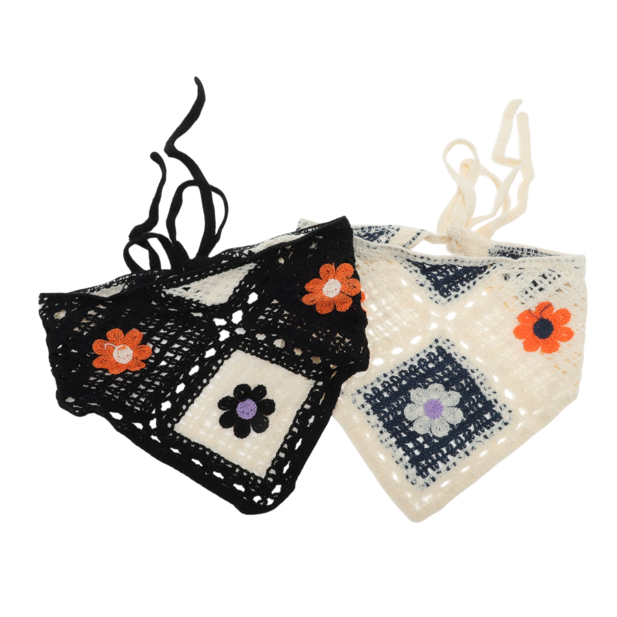 Unique Bargains Elegant Knitted Triangle Bandana 2 Pcs Small Orange Flowers