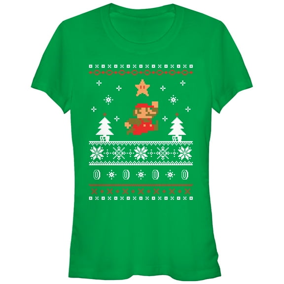 Junior's Nintendo Ugly Christmas Mario Jump Star  Graphic Tee Kelly Green 2X Large