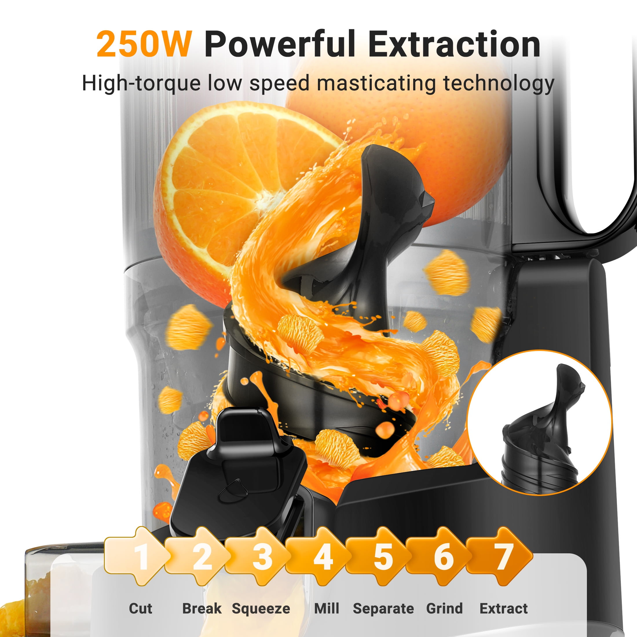 Sunmaki 5.11" Juicer Machines, 150W Cold Press Juicer for Fruits and Vegetables, 80 RPM Quiet & Easy to Clean, High Juice Yield,Black