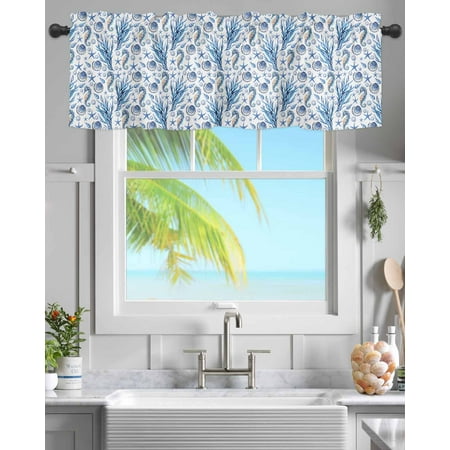 Rod Pocket Window Valances Summer Ocean Seahorse Coral Starfish on Blue Short Kitchen Curtains Abstract Shell Window Treatment Drapes for Bedroom Bathroom Living Room 54x18In 1 Panel