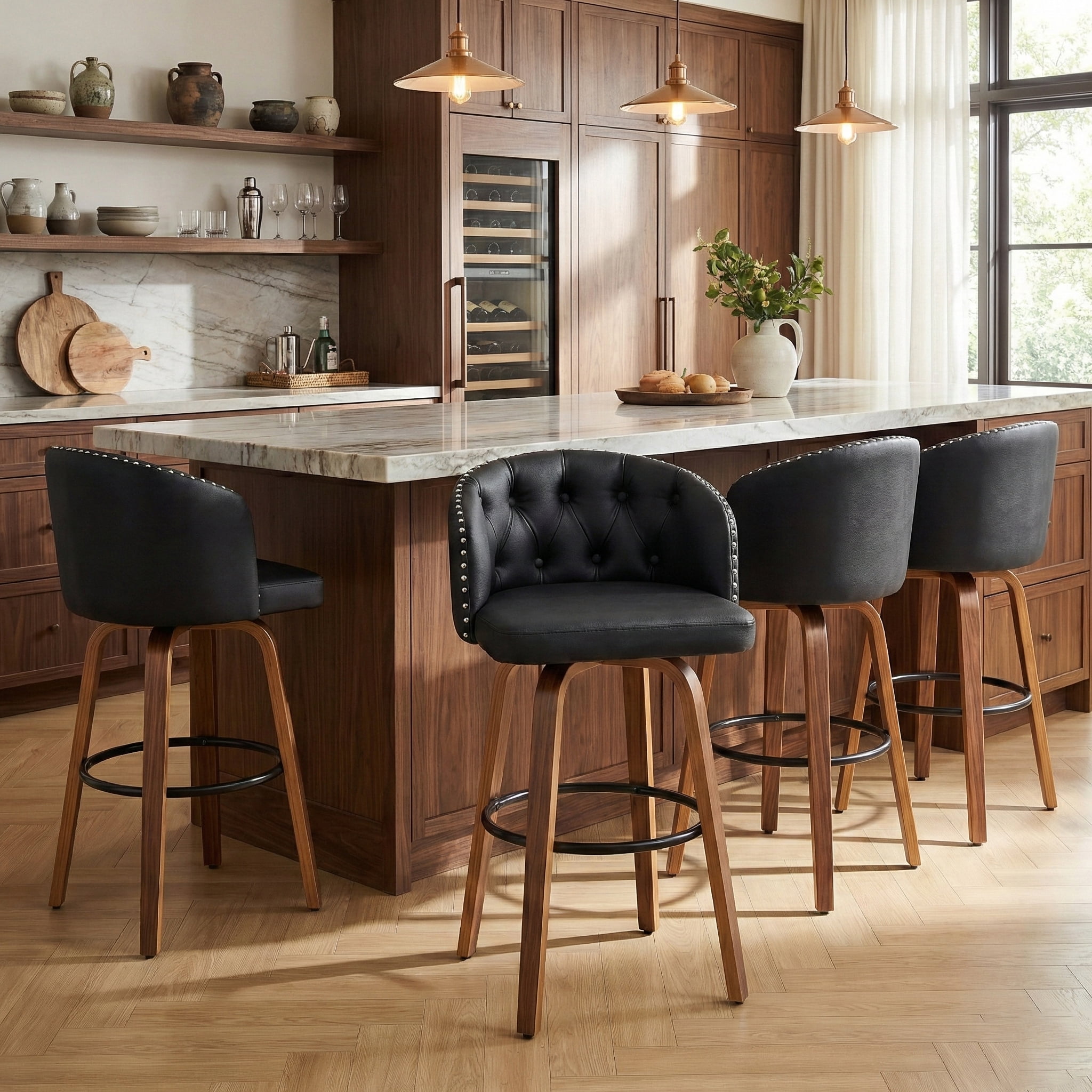 Fahomiss 28" Swivel Bar Stools with Back Set of 4, Leather Farmhouse Bar Height Stools, Black