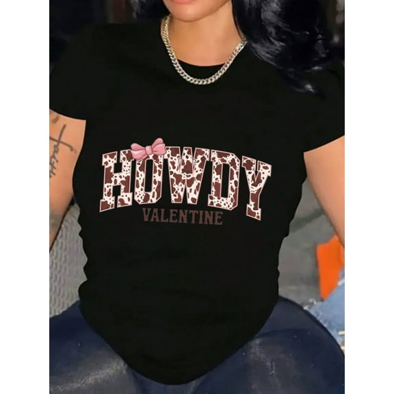 Cow Print Howdy Valentine's Day Women's Short Sleeve Graphic Tee