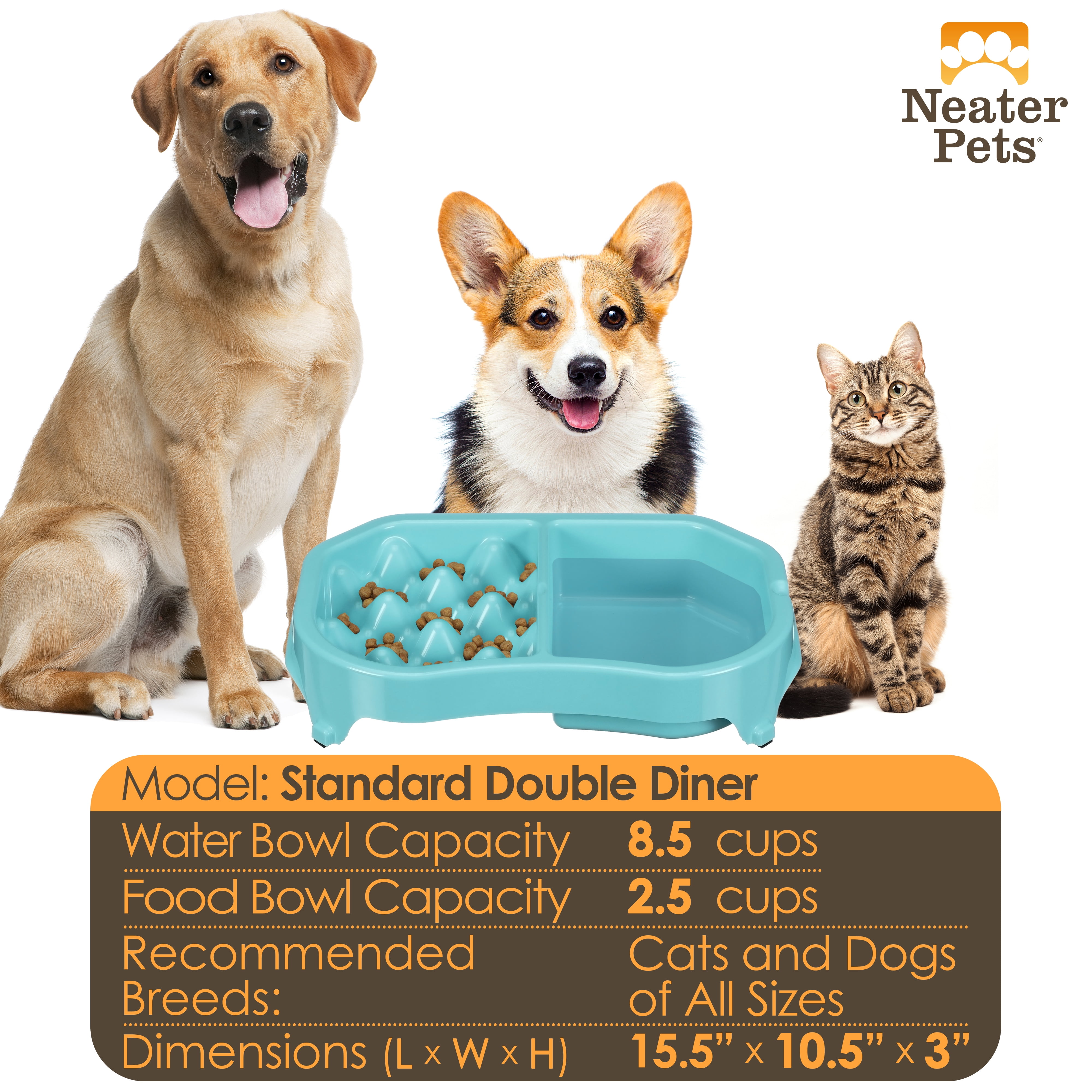 Neater Pet Brands Neater Slow Feeder Double Diner Food and Water Bowl - Improves Digestion, Stops Obesity, and Slows Down Eating, Aquamarine