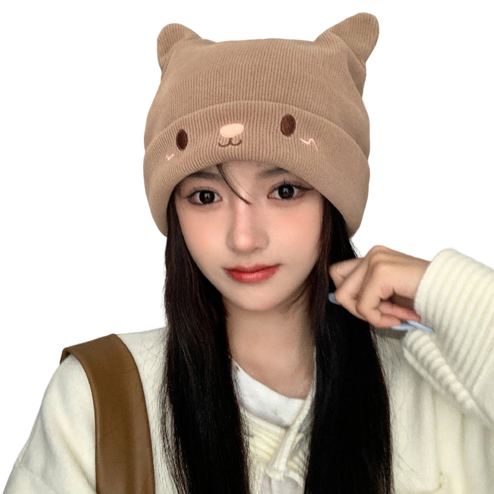 Opolski Knitted Hat Cute Cat Ears Embroidery Face Slouchy Soft