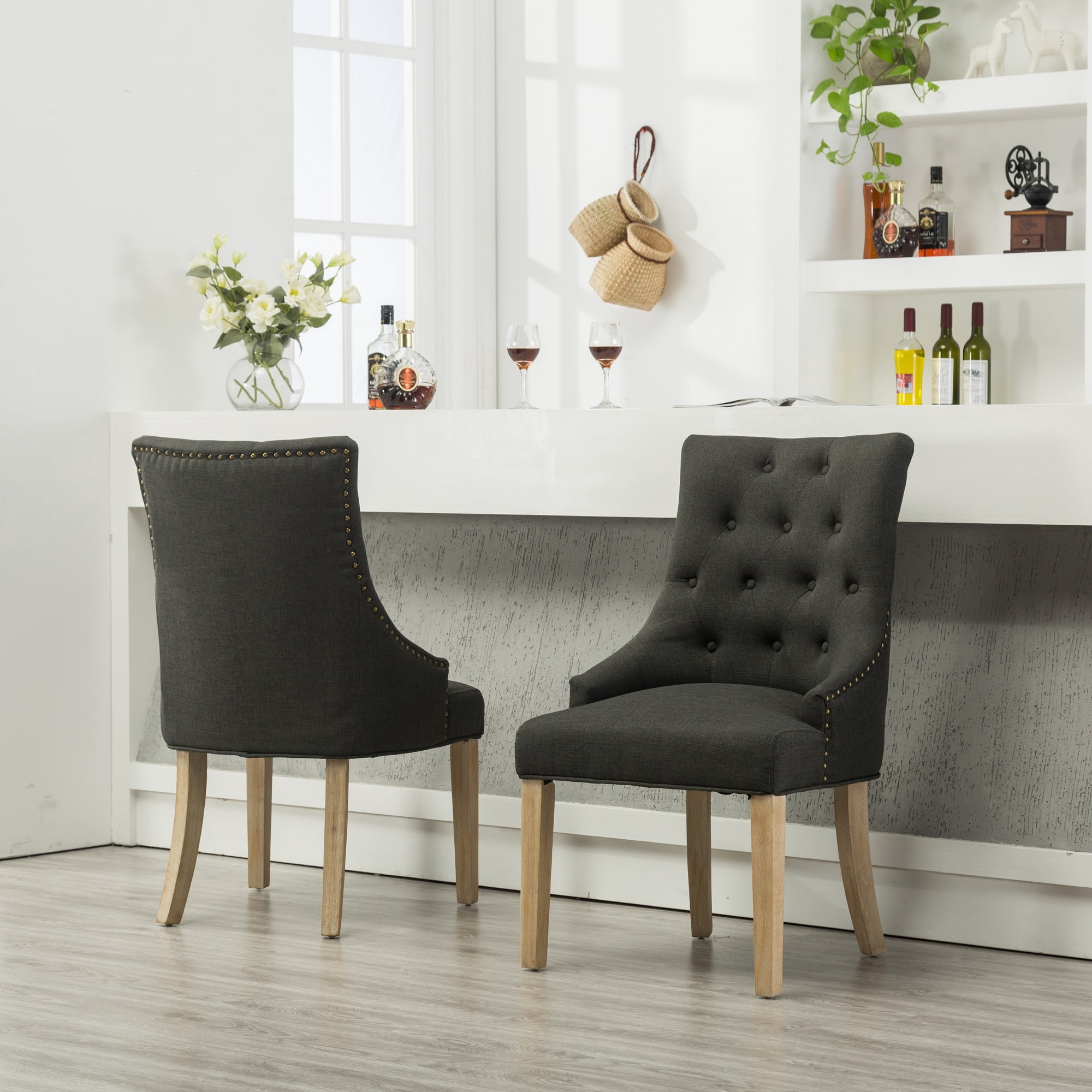 MOONMISS Set of 2 Solid Wood Button Tufted Wing back Chairs with Nail heads Dining Chairs,Charcoal